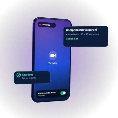 En la app ves una campaña con lo que ganas, grabas tu video, lo publicas con la etiqueta de contenido de marca y, al aprobarse, el pago entra a tu saldo.